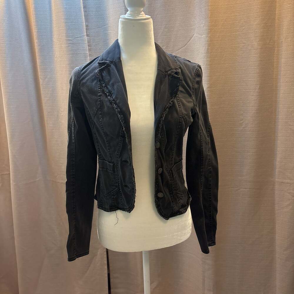 CAbi Style #901 Waxed Denim 100% Linen Moto Jacket Blazer Ruffle